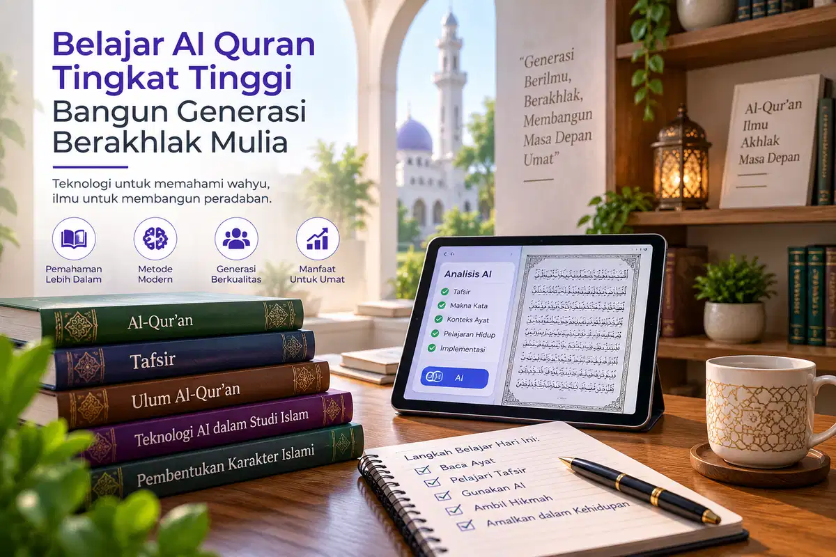tablet digital menampilkan materi al quran dan teknologi ai untuk mendukung pembelajaran mahasiswa
