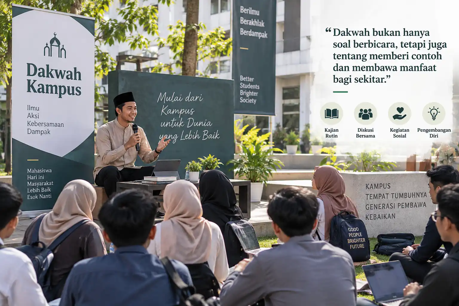 mahasiswa mengikuti kegiatan dakwah dan diskusi Islami di area terbuka kampus