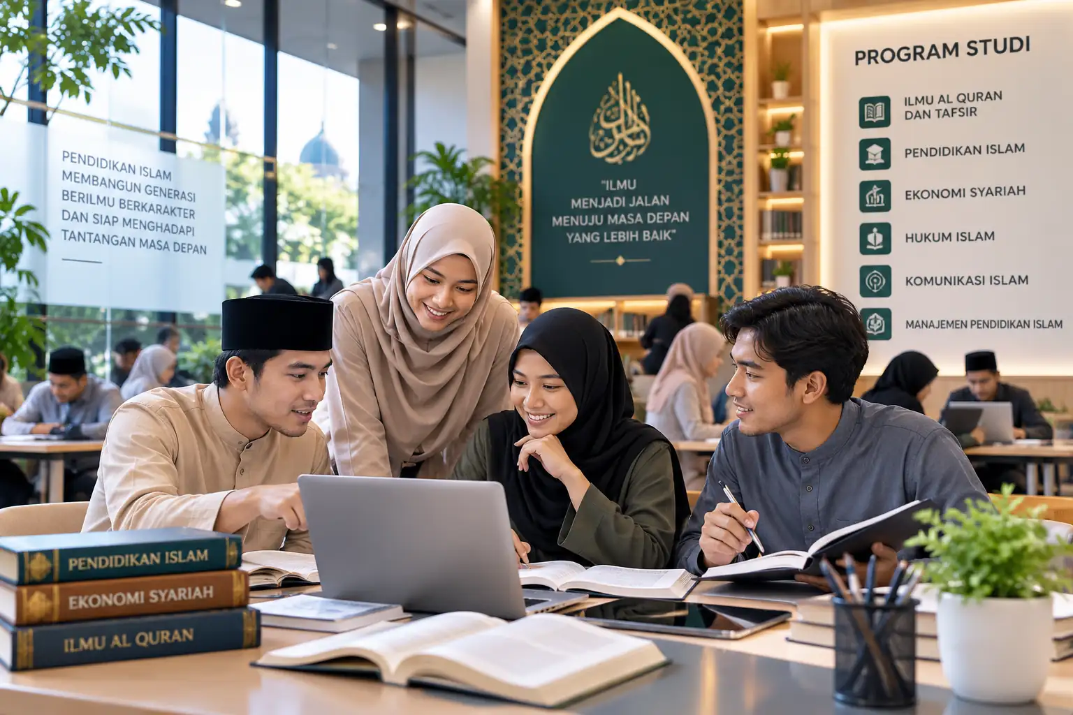 mahasiswa mencari informasi pendidikan Islam melalui sumber digital dan buku akademik