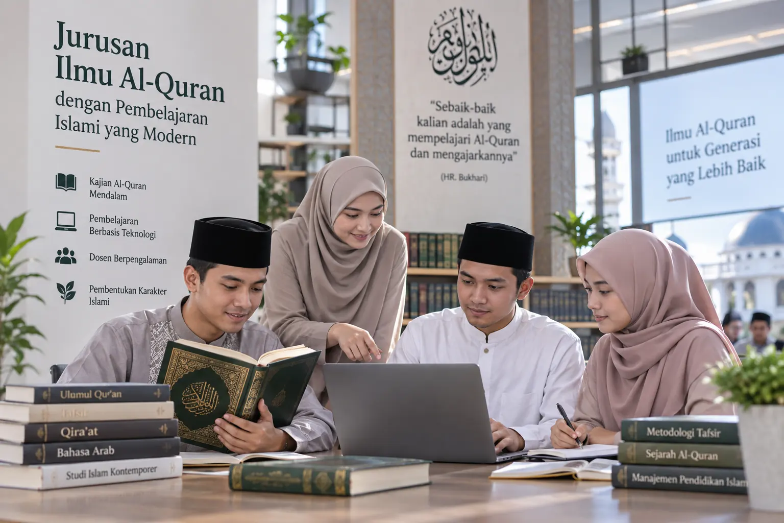 mahasiswa mempelajari Al-Quran dengan dukungan teknologi di ruang belajar kampus islami