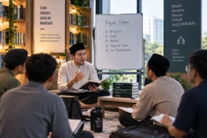 peserta mengikuti kajian Islam dalam kelompok belajar dengan pembahasan Al-Quran dan hadis
