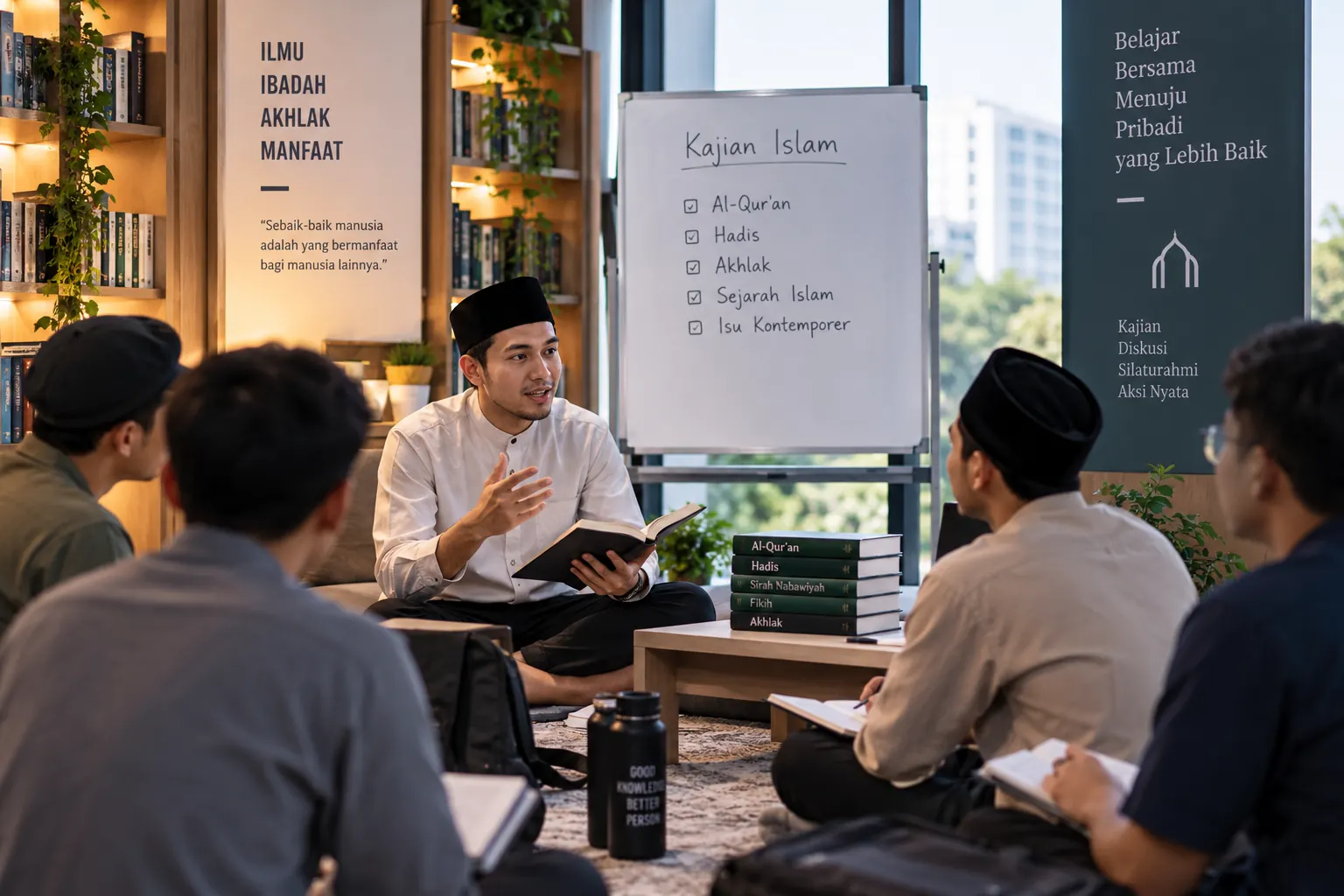 peserta mengikuti kajian Islam dalam kelompok belajar dengan pembahasan Al-Quran dan hadis