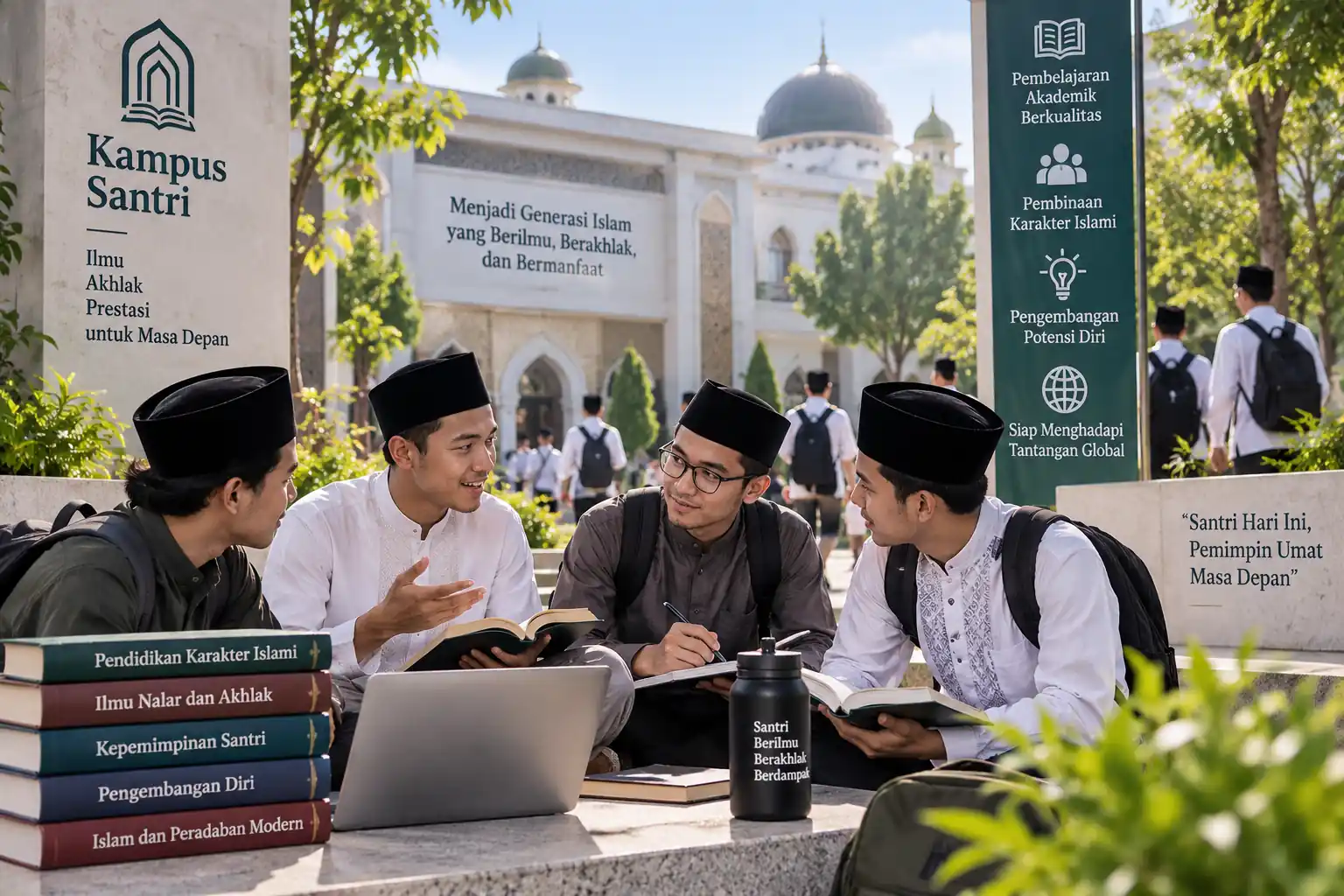 mahasiswa kampus santri belajar bersama di lingkungan pendidikan Islam modern
