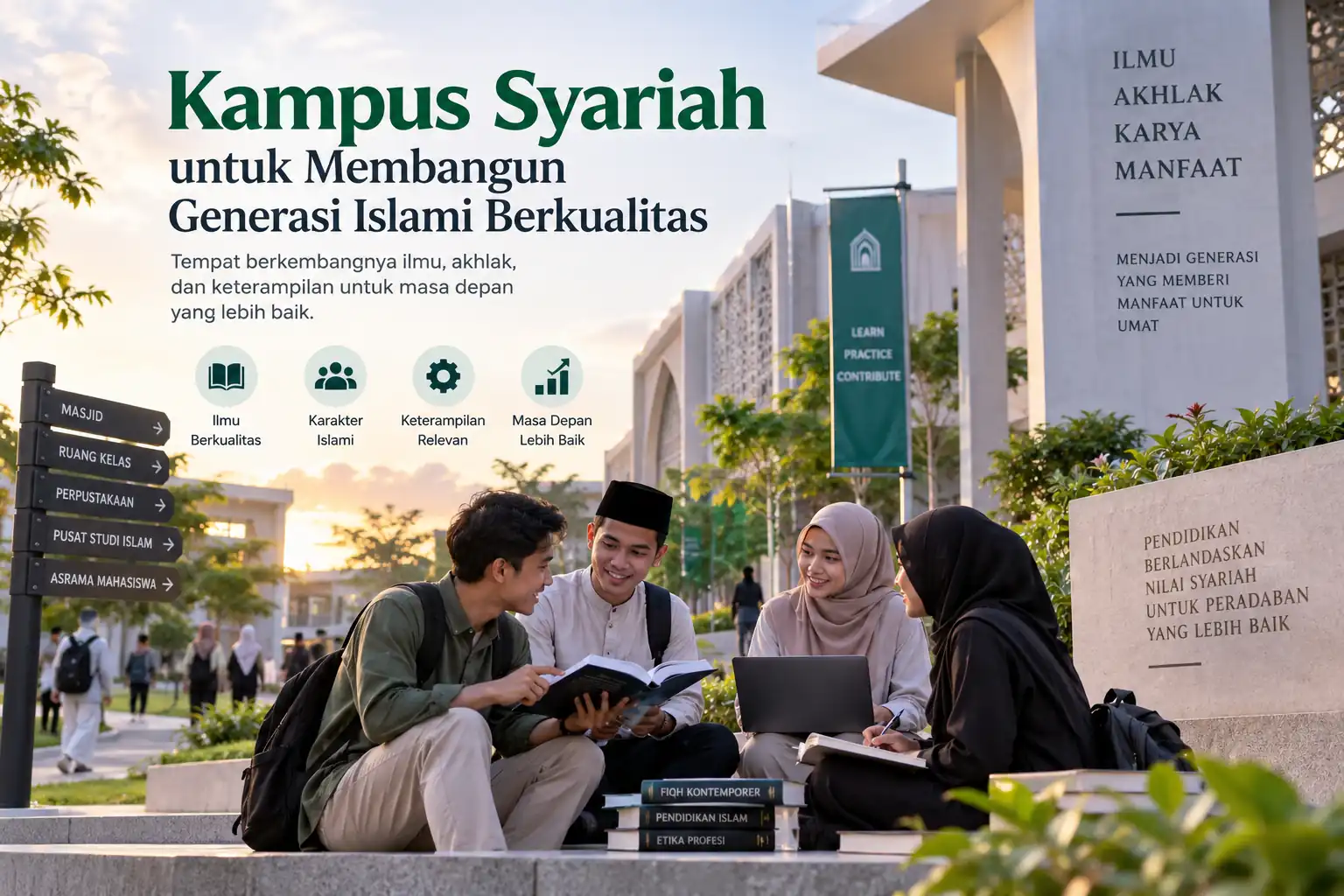 Mahasiswa belajar bersama di lingkungan kampus syariah modern