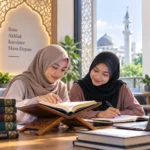 dua mahasiswi mempelajari nilai islami melalui kegiatan pendidikan dan pembelajaran bersama