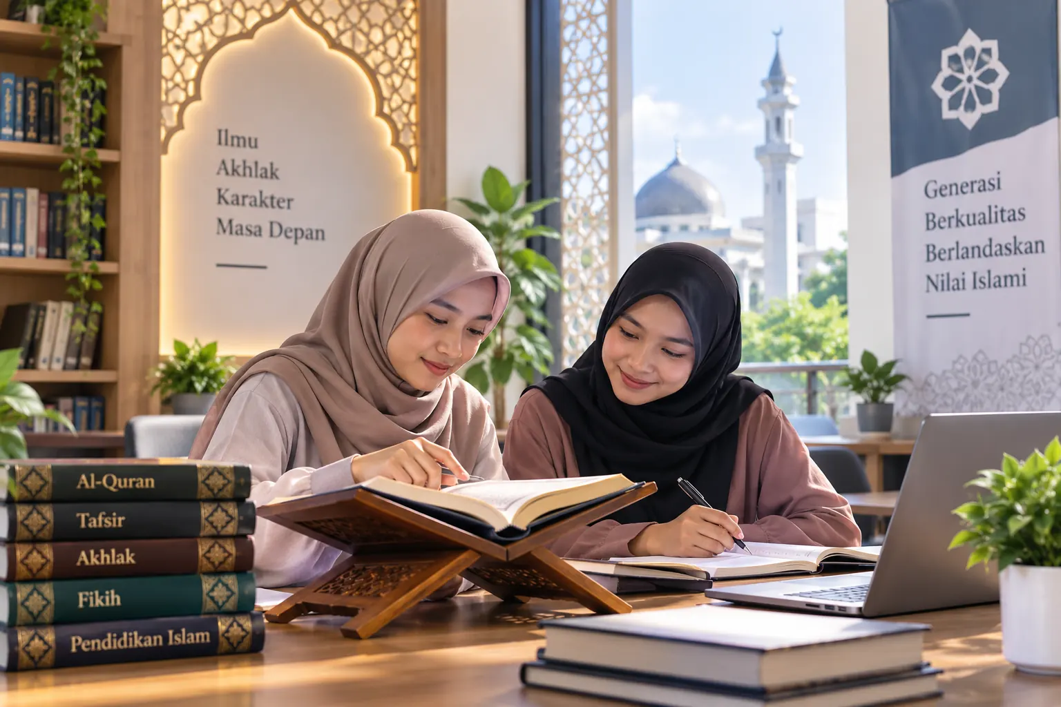 dua mahasiswi mempelajari nilai islami melalui kegiatan pendidikan dan pembelajaran bersama