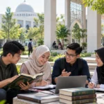 mahasiswa mempelajari Al-Quran dan berdiskusi di lingkungan kampus Islam