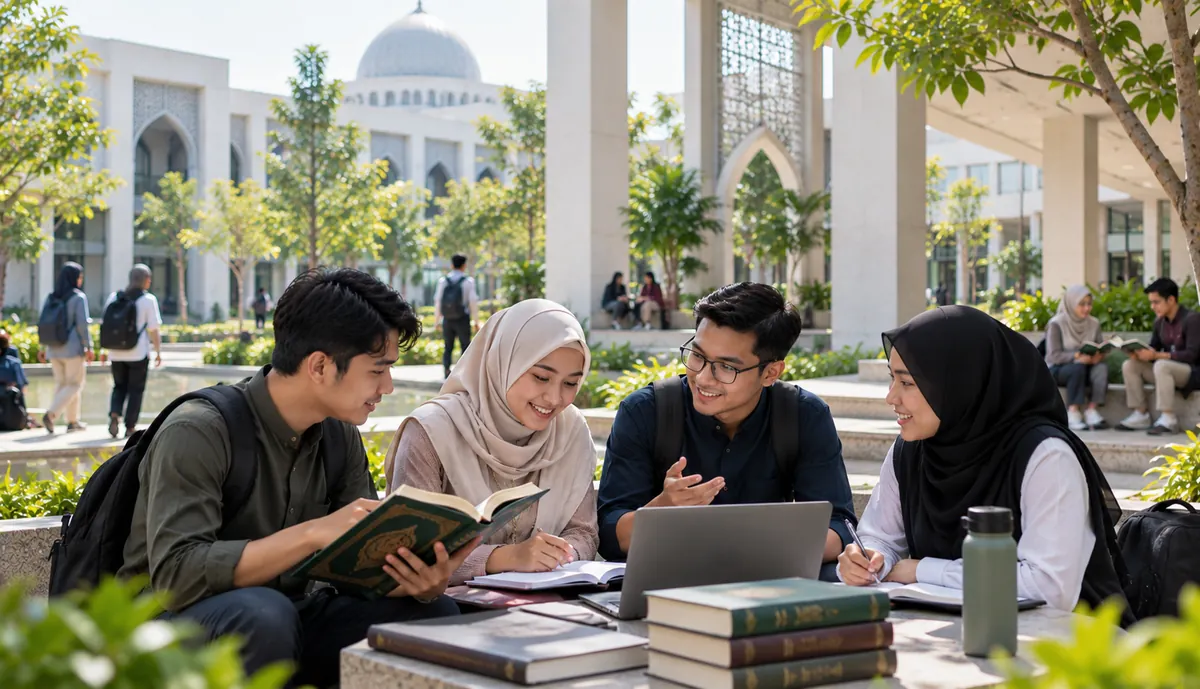 mahasiswa mempelajari Al-Quran dan berdiskusi di lingkungan kampus Islam