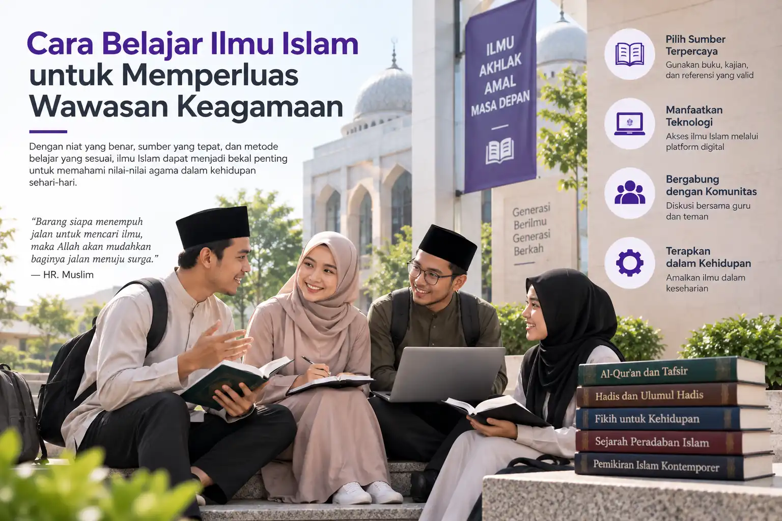 mahasiswa belajar ilmu Islam bersama melalui buku dan sumber digital