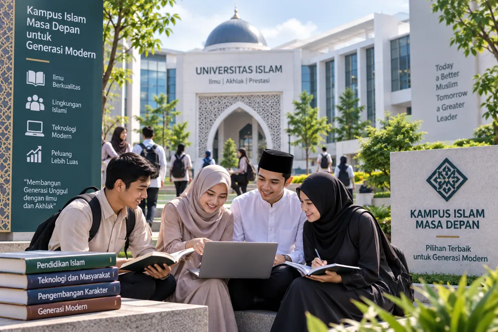 mahasiswa belajar dengan teknologi di lingkungan kampus Islam modern untuk mengembangkan ilmu dan karakter