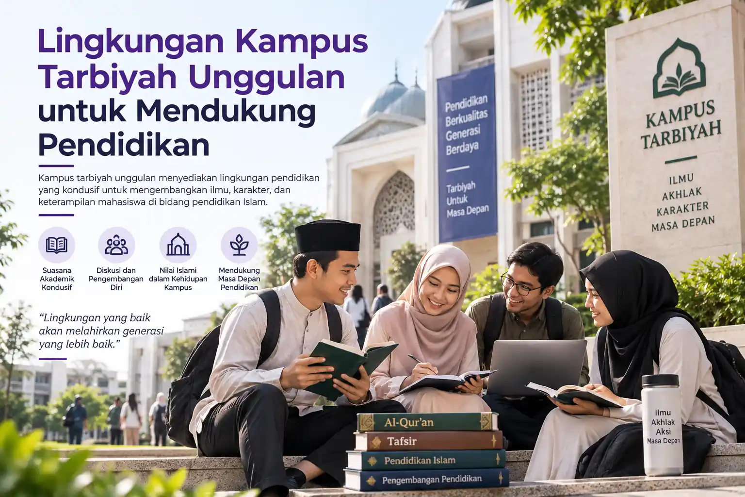 mahasiswa belajar bersama di lingkungan kampus tarbiyah